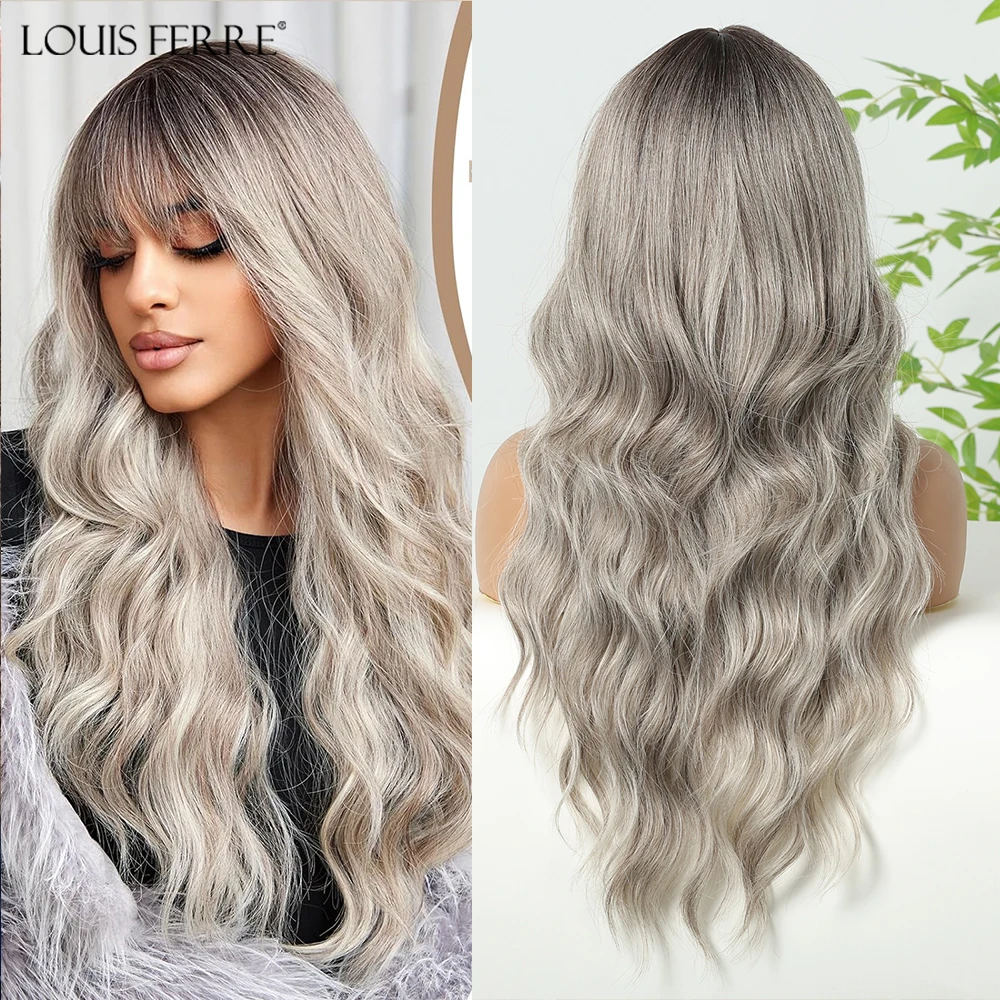 Long Wavy Curly Wigs for White Women Brown to Gray Ombre Synthetic Wigs With Bangs Heat Resistant Natural Hair for Daily Cosplay