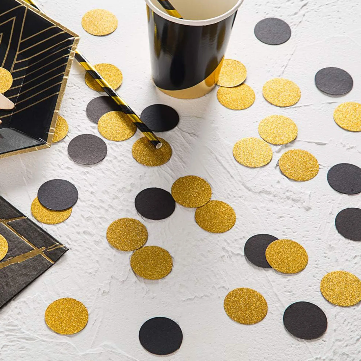 Glitzernde Konfetti-Kreise für Hochzeits- und Partydekoration sowie Tischdekoration, 1,2 Zoll Durchmesser (Glitzergold, Schwarz, 200 Stück) – Detail 2