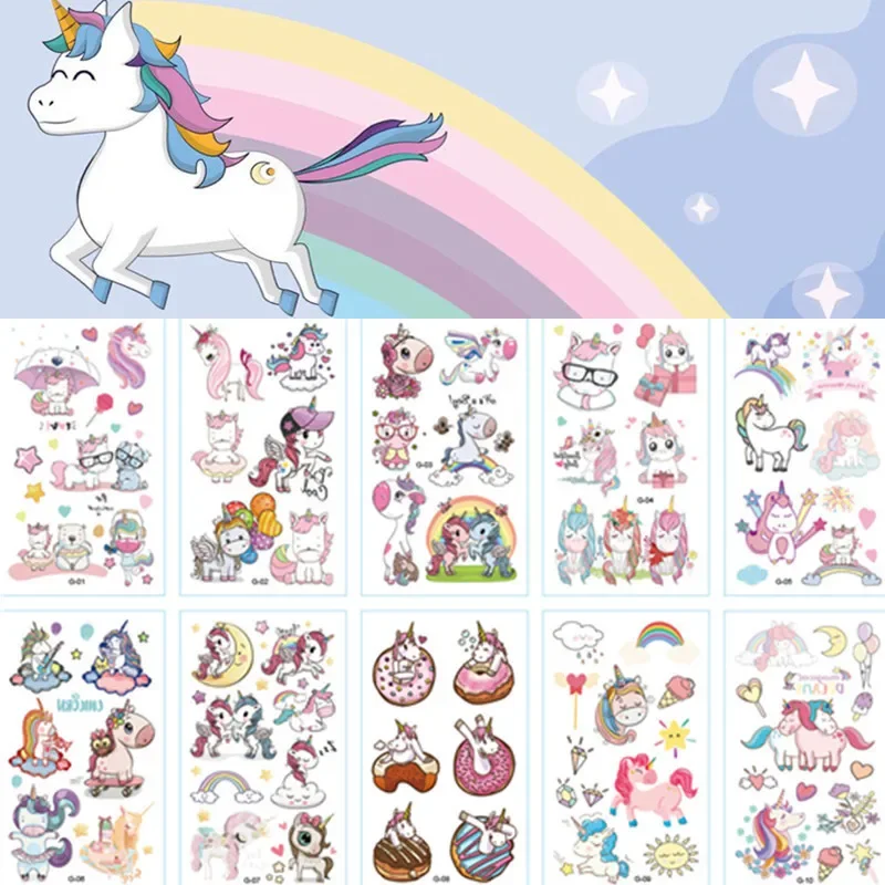 10pcs Cartoon Unicorn Temporary Tattoo Set for Children - Cute, Colorful, Waterproof Body Stickers