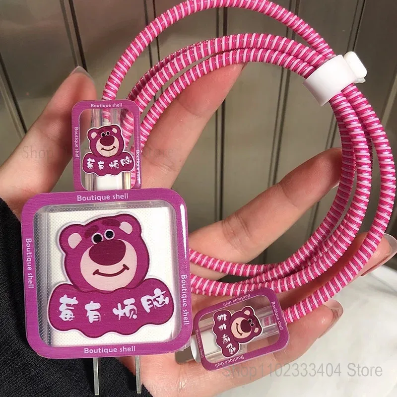 Disney Toy Story Lotso Charger Data Cable Protective Cover for iPhone 14/13/12/11 Pro 18W/20W Cartoon Glue Shell Winding Rope