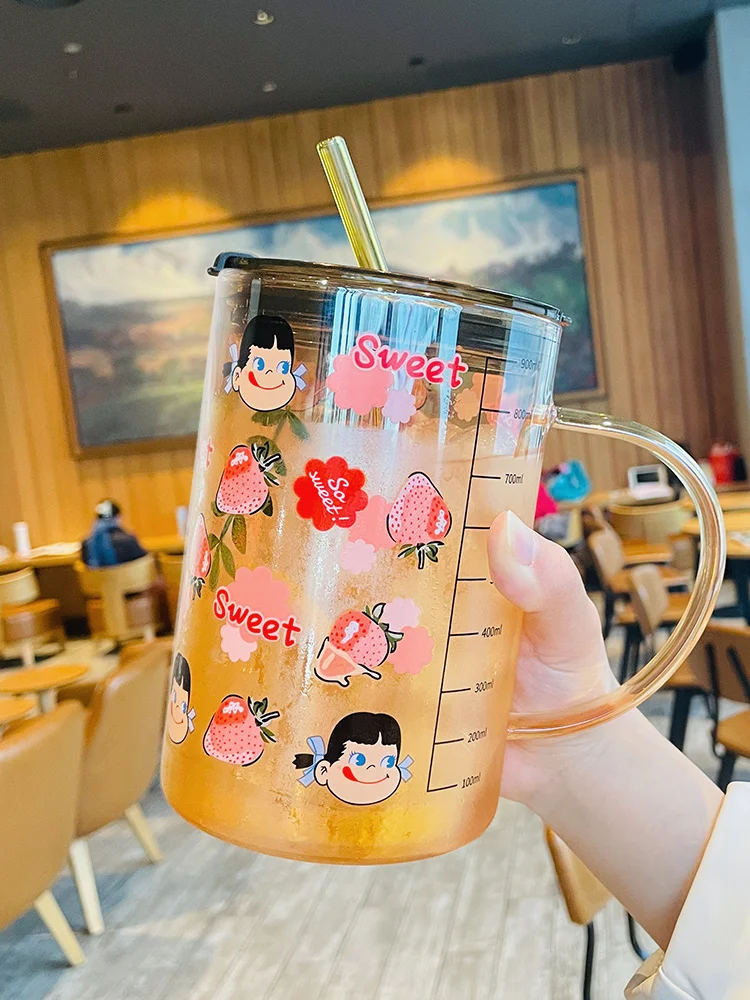 

High Aesthetic Value Amber Cartoon Glass Cup for Women with Handle for Drinking Milk Coffee Home Use Creative round ape