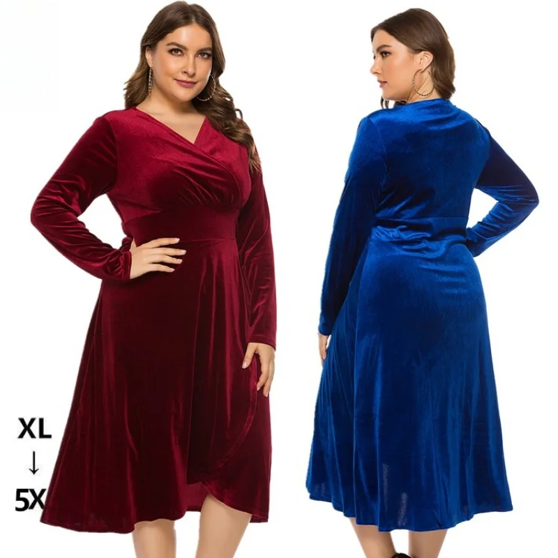 

2024 European American plus Size Women's Clothes Spring and Autumn New Long Sleeve V-neck Gold Velvet Dress