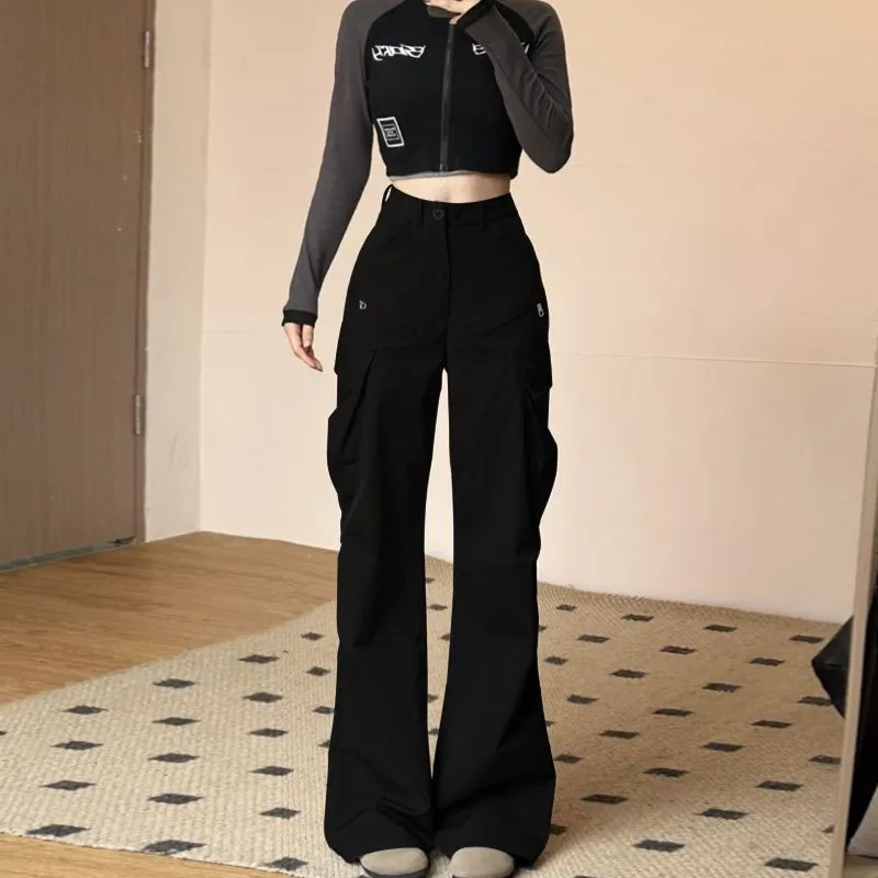 Summer Vintage Big Pocket Cargo Pants Women American Streetwear High Waist Wide Leg Trousers Harajuku Fashion Loose Flare Pants