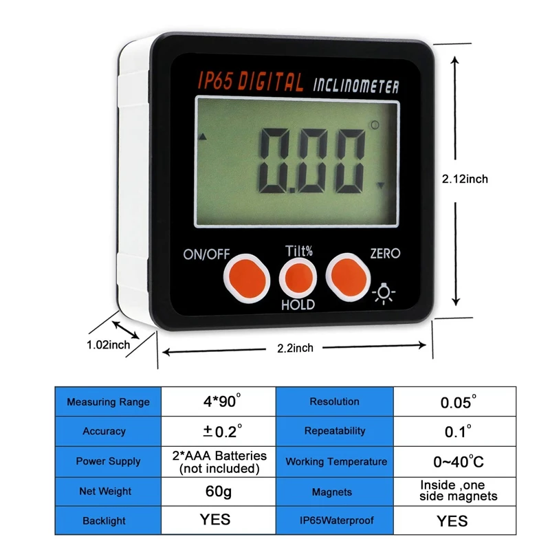 IP65 Waterproof Protractor With Back Light Inclinometer Angle Bevel Box Electronic Protractor Magnetic Base