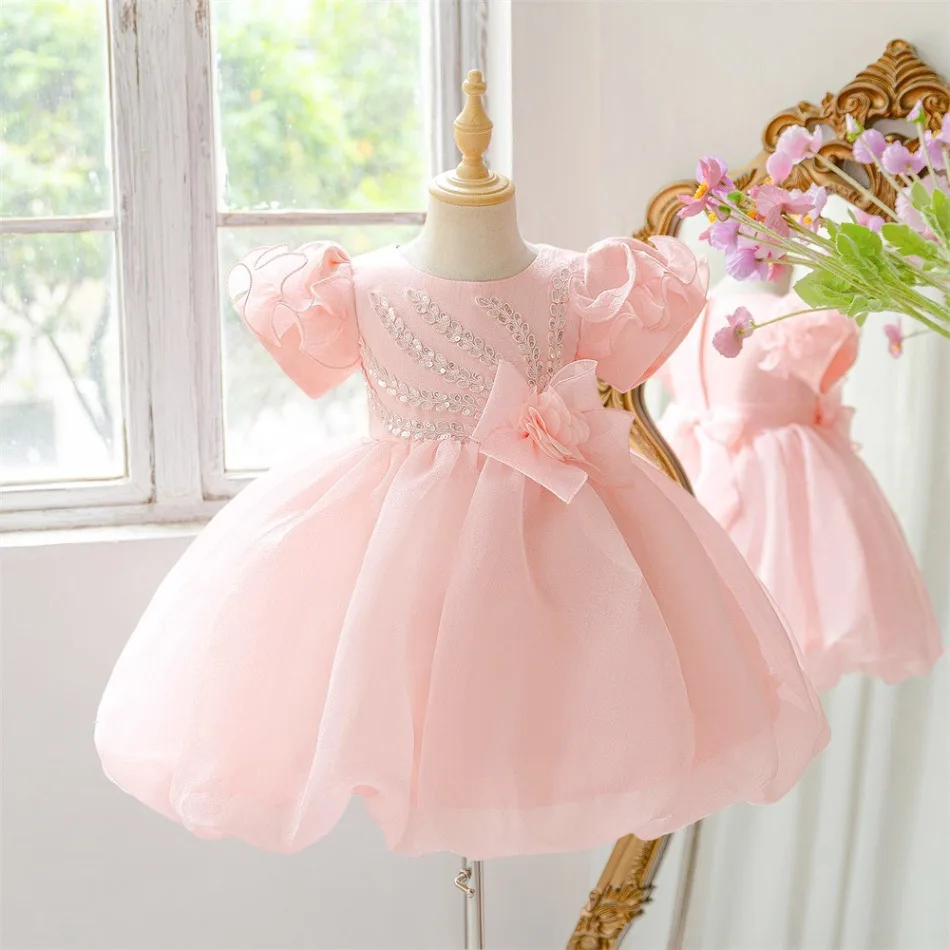Pink Rhinestone Stripe Embroidery Flower Girl Dress Puff Sleeve 3D Floral Bow Bubble Puffy Tulle Skirt Kids Birthday Dress ASQ03