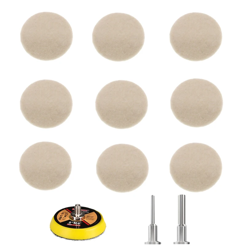 

12 шт., шерстяные фетровые полировальные подушечки, 2-дюймовые полировальные подушечки для полировки колес, флокирующие крючки и петли, задняя часть для автомобиля, стекла, пластика, металла, камня