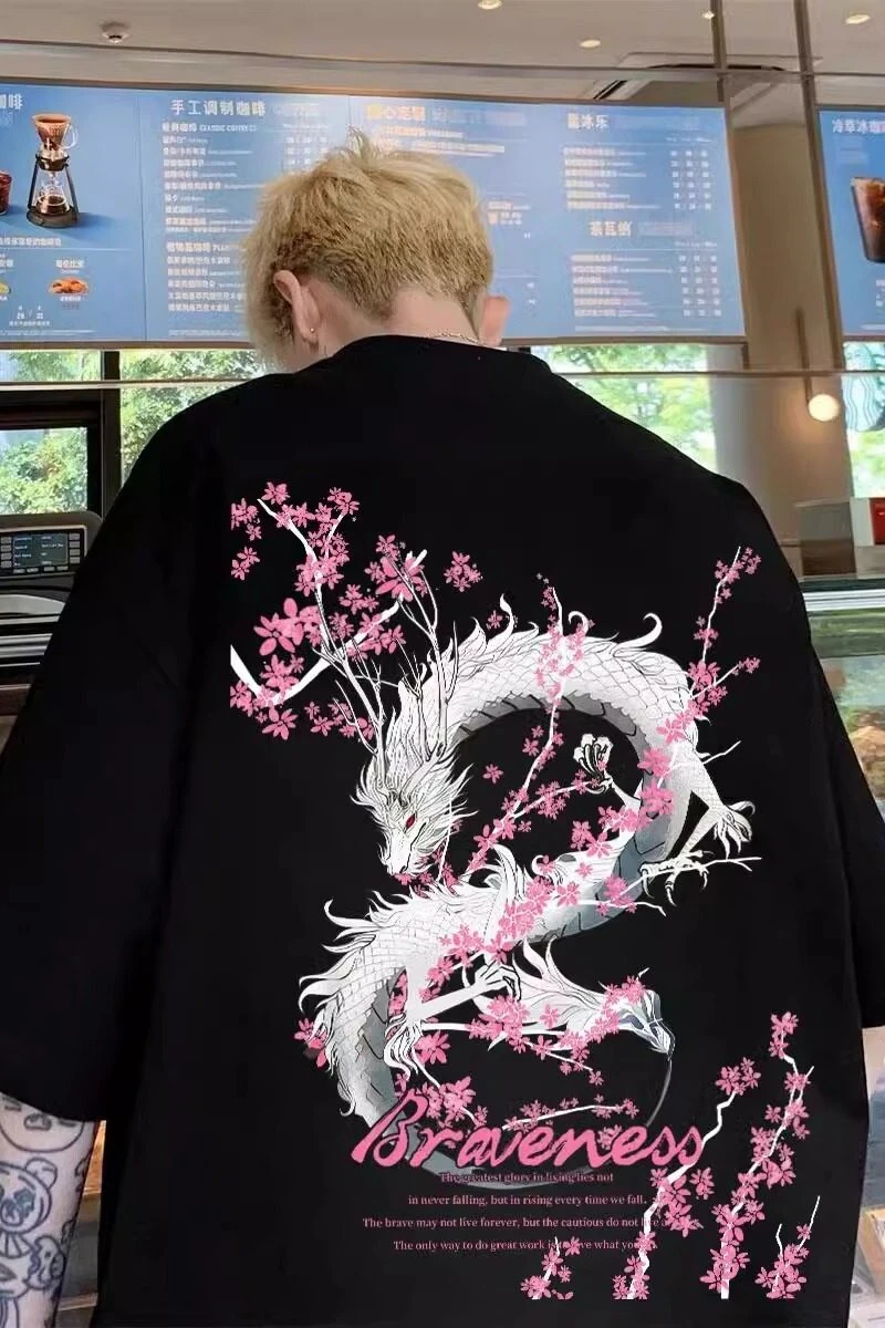 夏 Guochao ドラゴン プリント ティーン プレミアム ブラック 半袖 Tシャツ メンズ ルーズ トレンド トップ