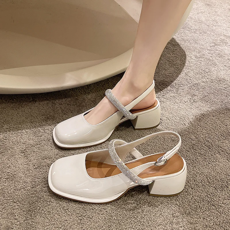 Sandalias de tacón Beige, zapatos cómodos para mujer, punta cuadrada, Mary Jane Med, verano 20224, hebilla, correa, diamantes de imitación negros, nuevo cierre medio