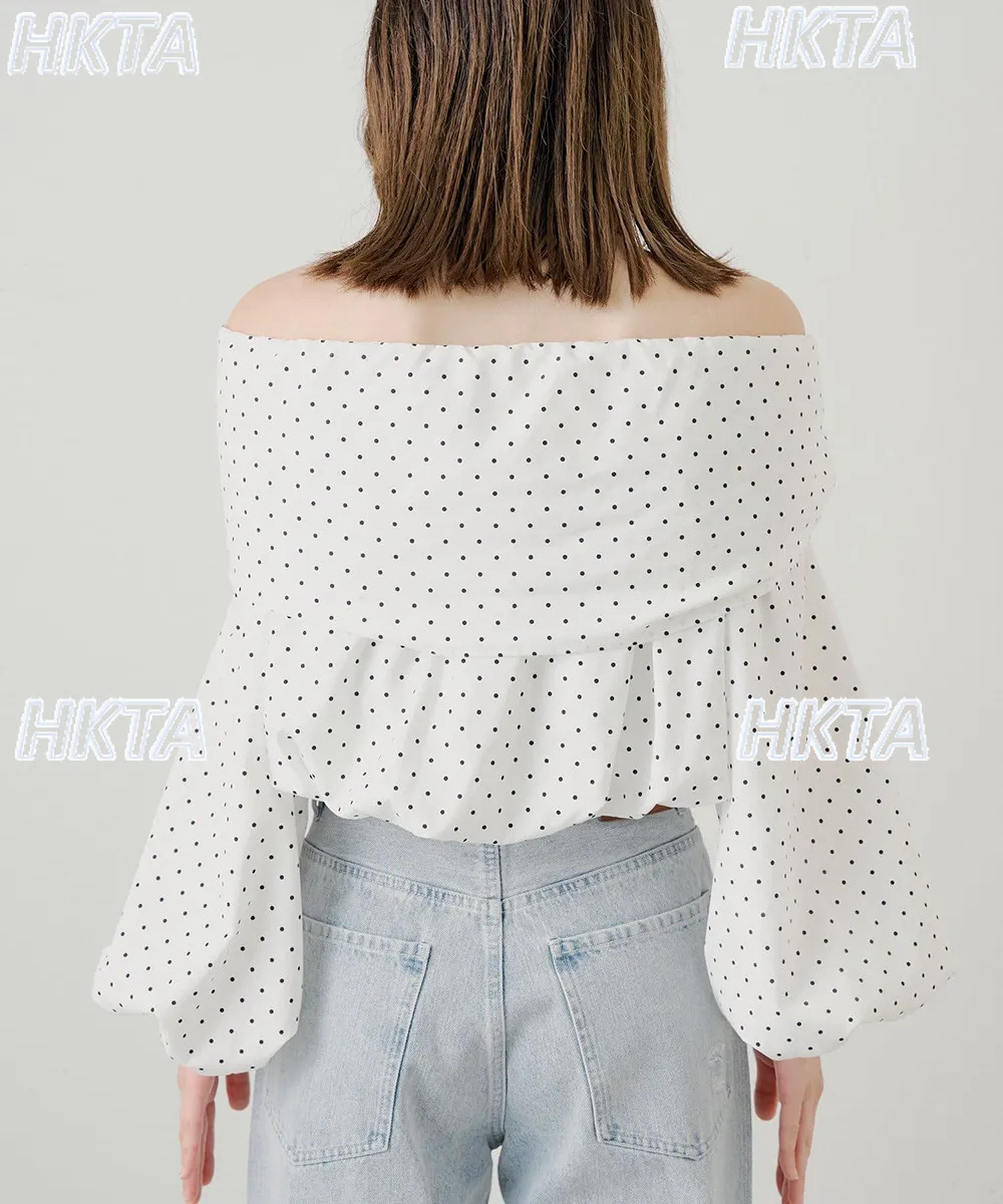 Japanese commuter temperament summer one word collar off the shoulder straps polka dot bow shirt top loose chiffon blouses women - view 3