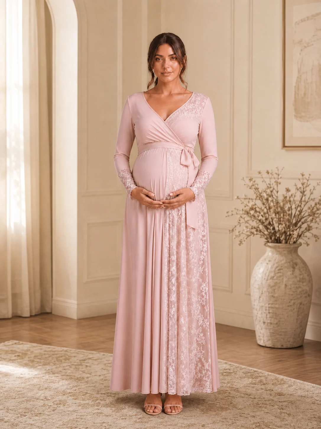 Blush Pink Wrap Maternity Baby Shower Dress V-Neck Gown with Lace Panels ZX022 view 6
