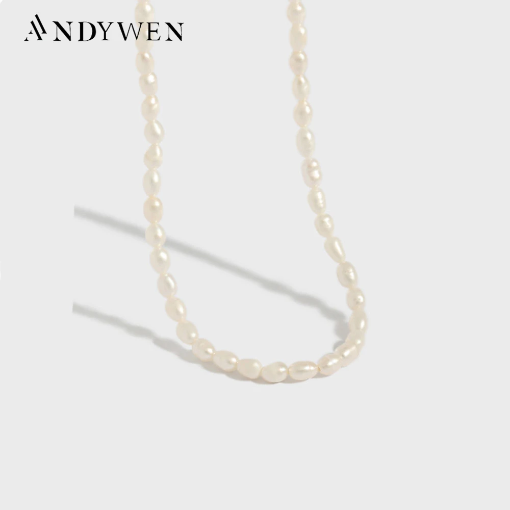 ANDYWEN 925 Sterling Silver Ovals Pearl Charm Pearl Charm Choker Necklace Women Fashion Long Chain Women Jewelry Gift Fashion