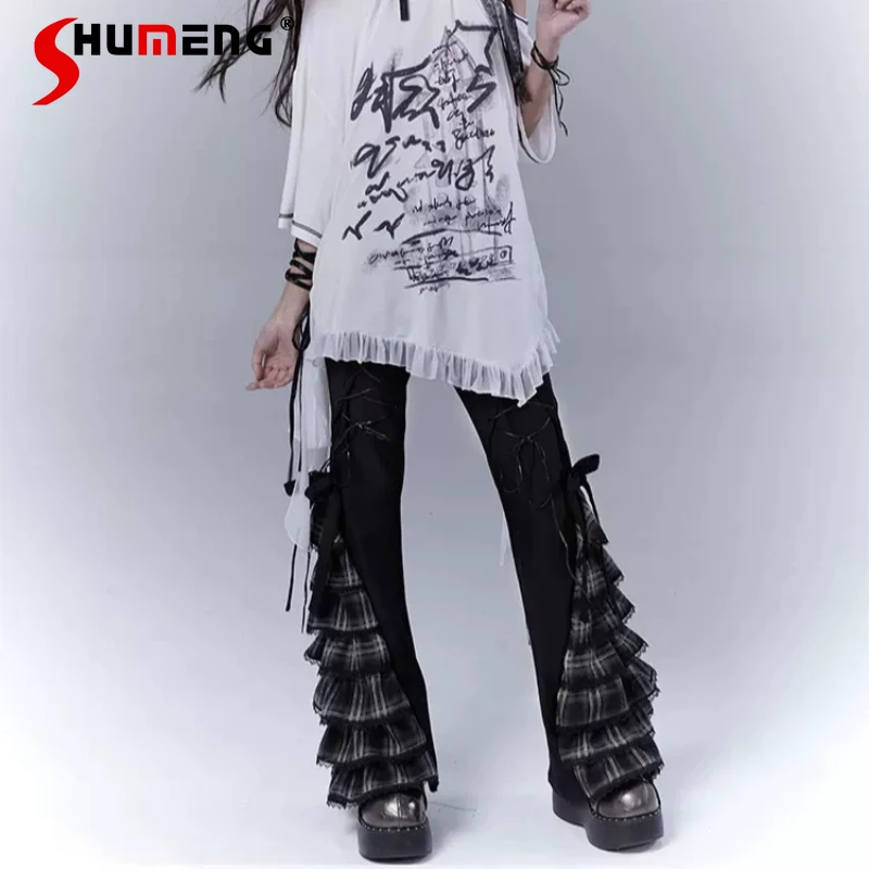 

Original Design Fashion Plaid Strap Cake Lace Slim Casual Pants 2026 Clothes New Gothic Dark Girls Temperament Y2k Trousers