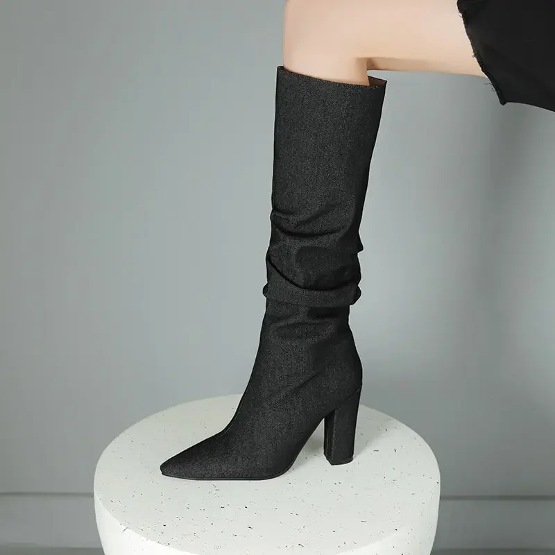 Charm Denim Jeans Blue Black Pointed Toe Stiletto Shoes Slip-on Winter Luxury Shoes Block High Heels Knee-high Women Boots