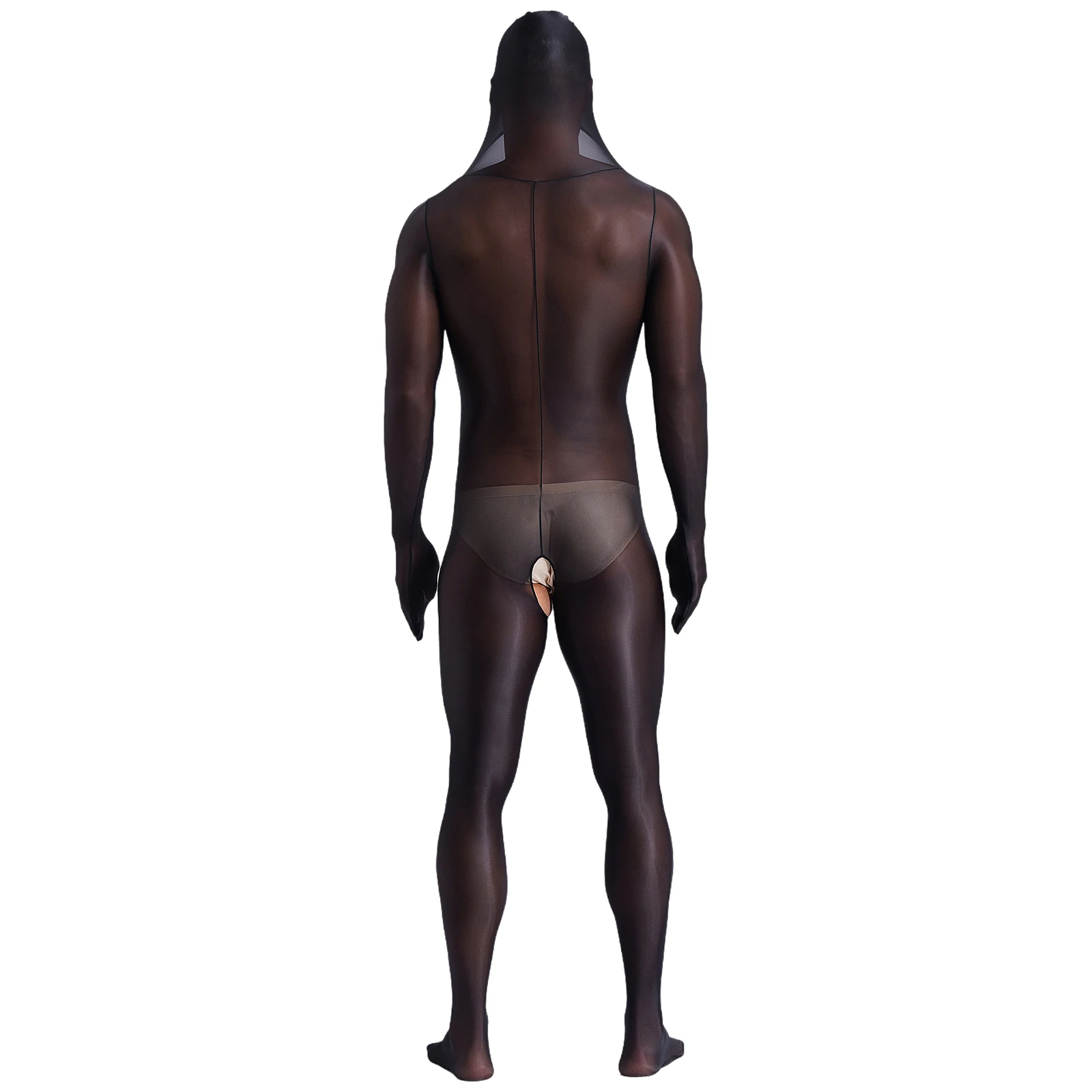 Mens Exotic Sexy Jumpsuit See Through Full Body Covering Bodysuit with Gloves Open Crotch Footed Bodystockings Hooded Catsuit