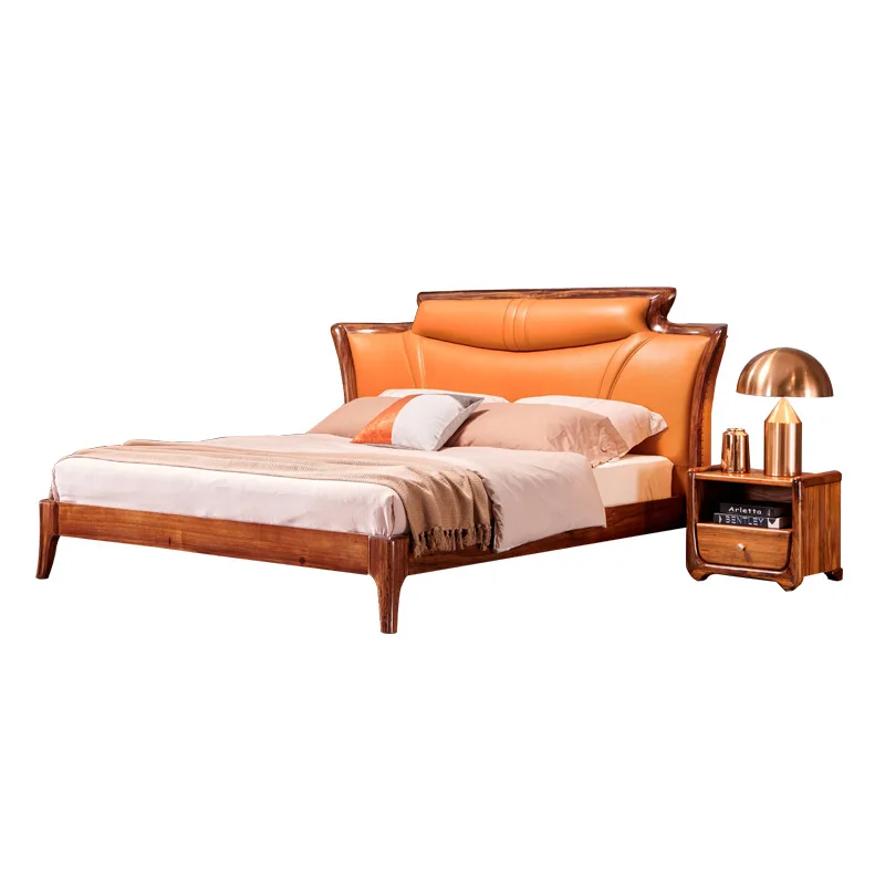 

Ebony first-layer cowhide light luxury queen bed 1.8 meters modern leisure master bedroom double leather solid wood bed