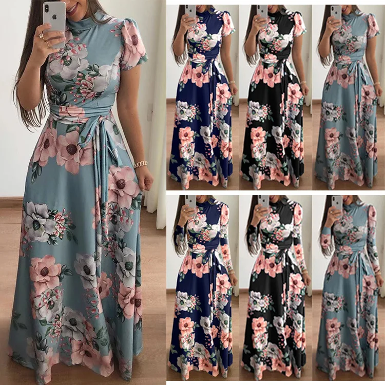 

Dw 2025 Spring/summer/autumn Style Flower Print Short Sleeve High Waist Lace-up Swing Dress Women's Clothing