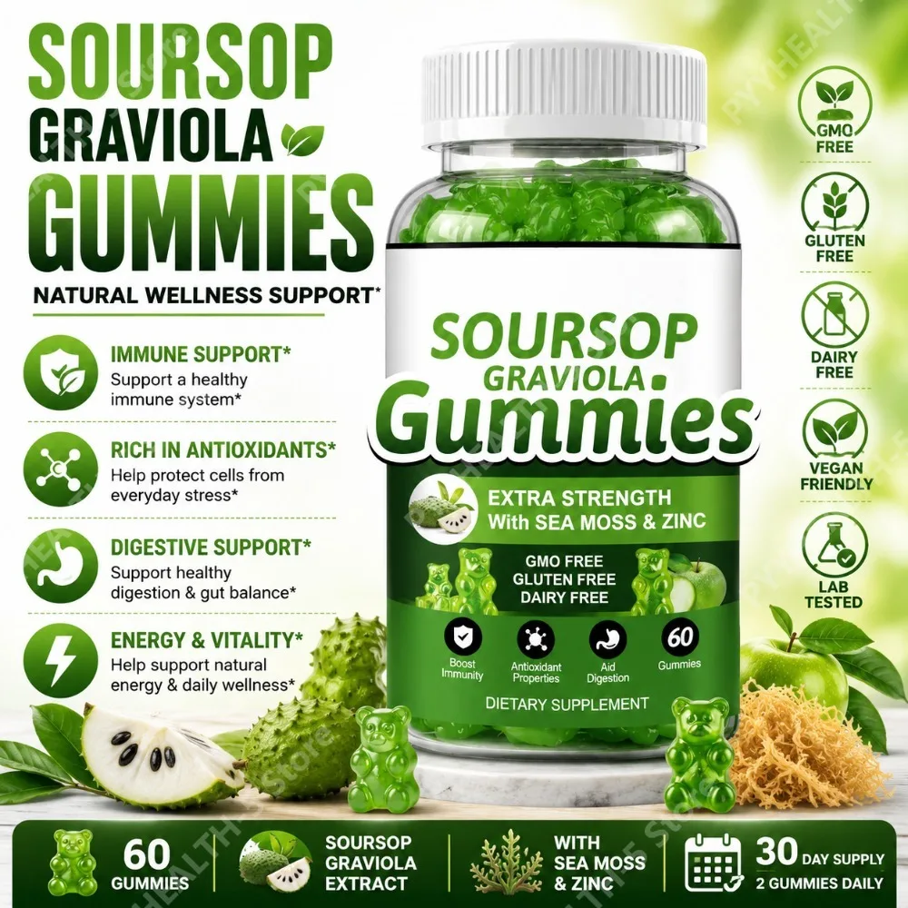 Gomitas de Guanábana (Graviola) 2000mg con Musgo Marino, Zinc y Vitamina C, 60 Unidades, Mezcla Herbal Vegana, Suplemento Diario para el Bienestar