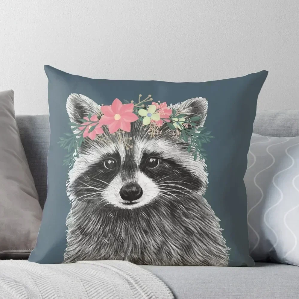

Raccoon Floral Crown Flowers Funny Cute Animal Raccoon Gift Throw Pillow Plaid Sofa pillow