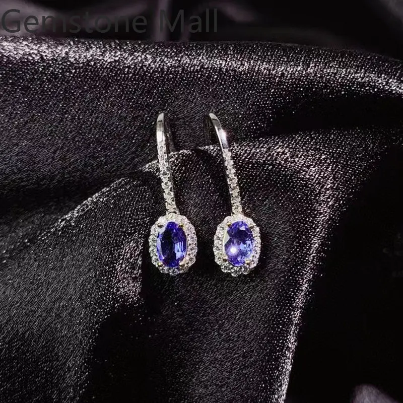 Sterling Silver Tanzanite Dangle Total 1ct 4mm*6mm Natural Tanzanite Jewelry Prevent Allergy  925 Silver Gemstone Earrings