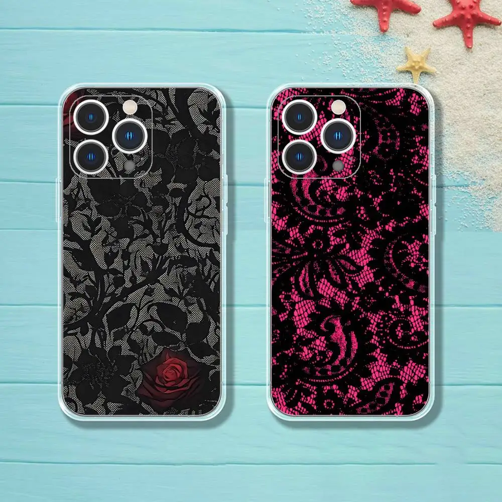 

Black lace print New Hot Phone Case iPhone 16 17 15 14 13 12 11 Pro Max Plus Mini Clear Full Back Cover Silicone Soft Shell