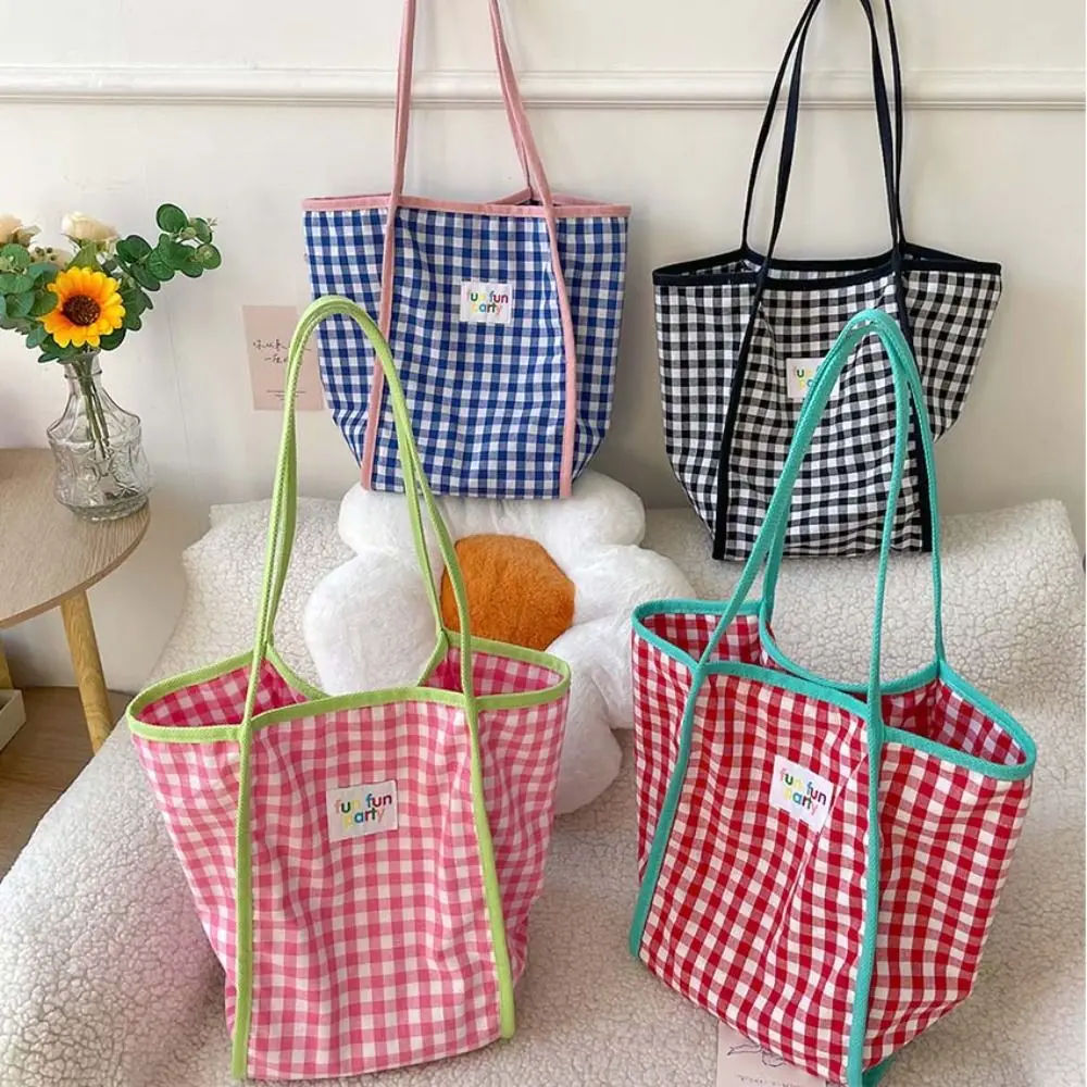 

Fresh Color Plaid Canvas Bucket Bag Large Capacity Solid Color Vacation Tote Bag Office Worker Tote Korean Style Shoulder Bag