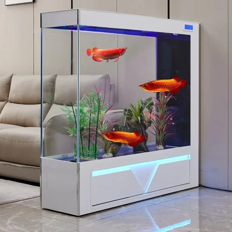 

new Fish Tank Living Room Super White Glass Large Smart Light Luxury Home Floor Aquarium Side Filter Change Waterss 03