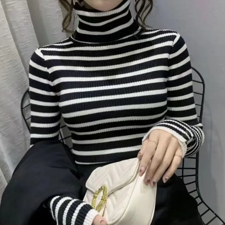 2024 New,Autumn Winter Turtleneck Button Striped Knit Sweaters, Women\'s Clothing, Stylish Knitted Pullovers, Girls Jersey Tops