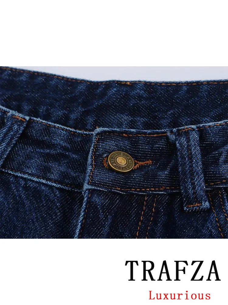 TRAFZA Vintage Casual Chic Women Denim Pants Straight Button Pockets High-waisted Pants Fashion 2024 Summer Holiday Trousers