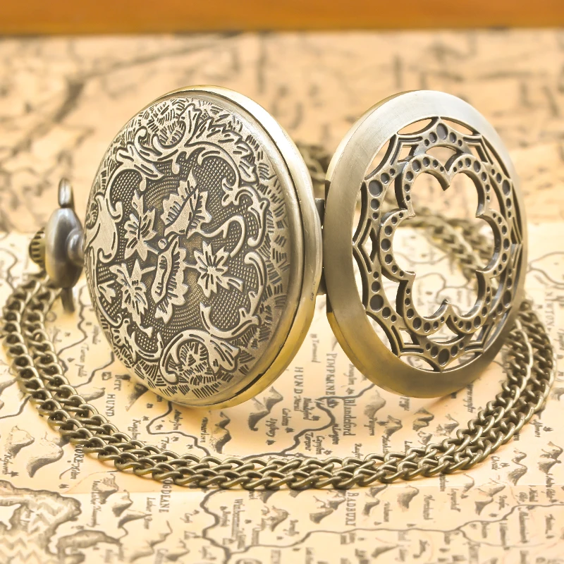Retro Bronze Steampunk Openwork Flip Cover Quartz Necklace Commemorative Pocket Watch For Male And Female Students