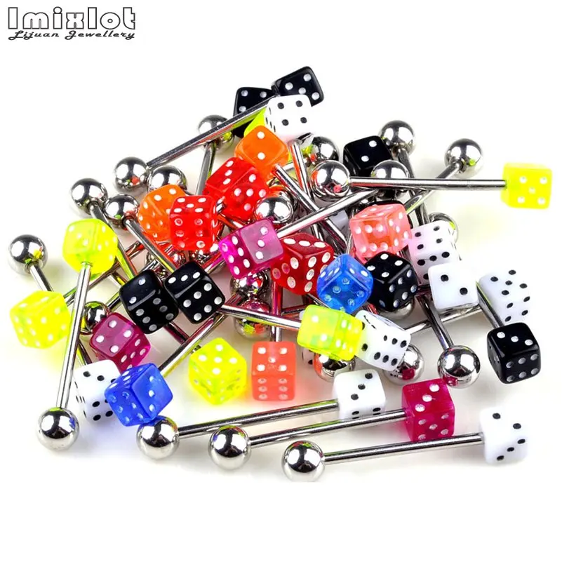 Imixlot 10pcs Stainless Steel Tongue Rings Women Colorful Acrylic Dice Barbell Bar Piercing Tongue Body Piercing Jewelry