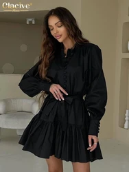 Clacive Casual Loose Black Cotton Dress Ladies Fashion Stand Collar Long Sleeve Mini Dress Elegant Lace-Up Pleated Dresses Women