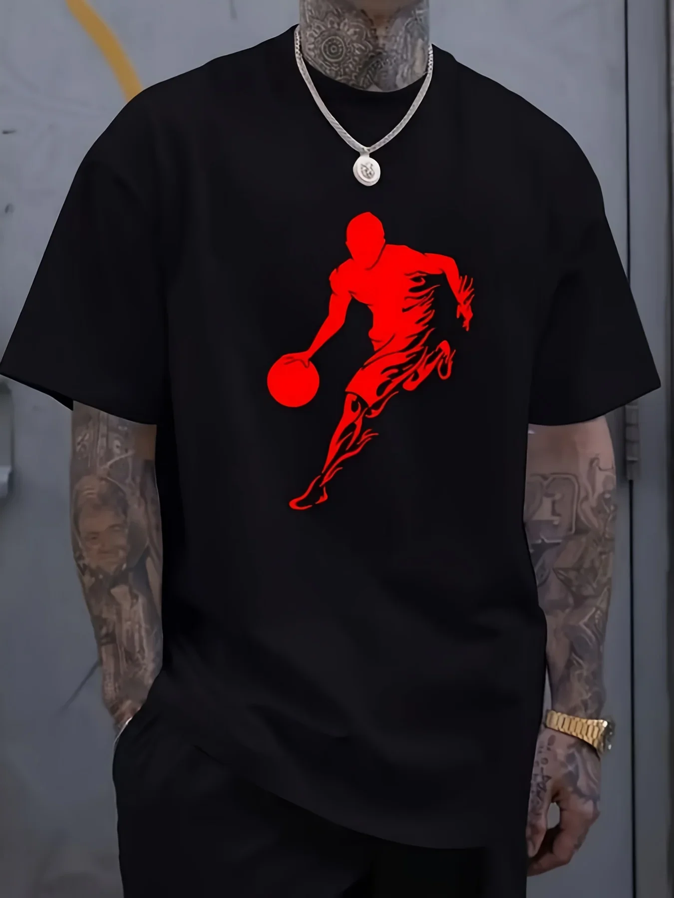 Men'S Big & Tall Basketball Graphic T-Shirt - 100% Regular Fit Short Sleeve, Breathable All-Season Comfort, Machine Washable Round Neck Tee With Vibrant Red Basketball Player Print For Casual Attire & Unique Gift