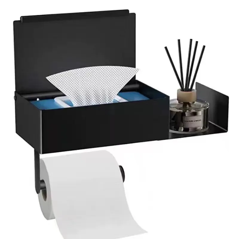 

Stainless Steel Paper Holder - No Drill Bathroom Tissue Organizer, Black Wall Mount Wet Wipe Dispenser for Toilet/Kitchen