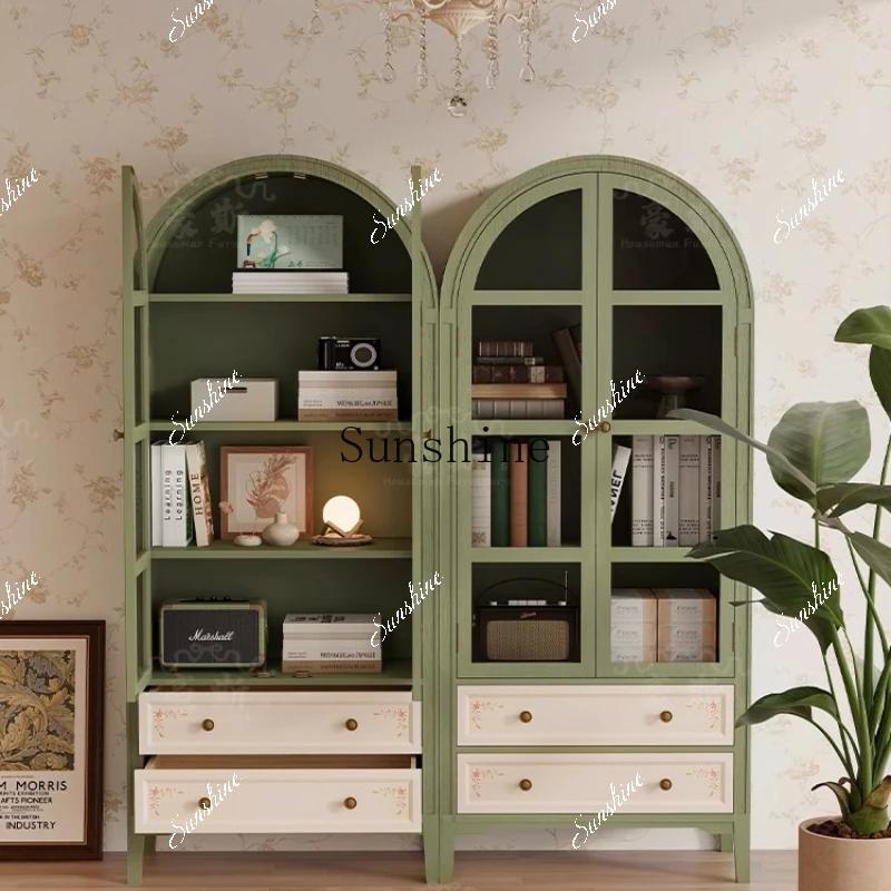 Retro American painted arched dust-proof glass door high cabinet combination floor-to-ceiling household green figure solid wood