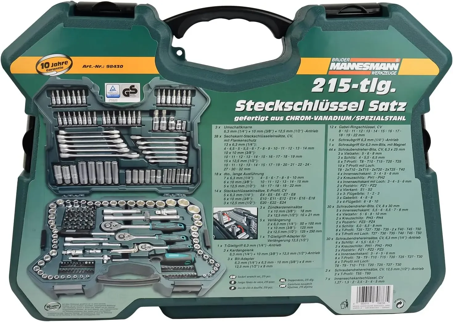Mannesmann M98430 - Maletín con llaves de vaso yastas Herramientas (215 قطعة، حجم: 12x36x51 سم)، اللون Verde Mannesmann