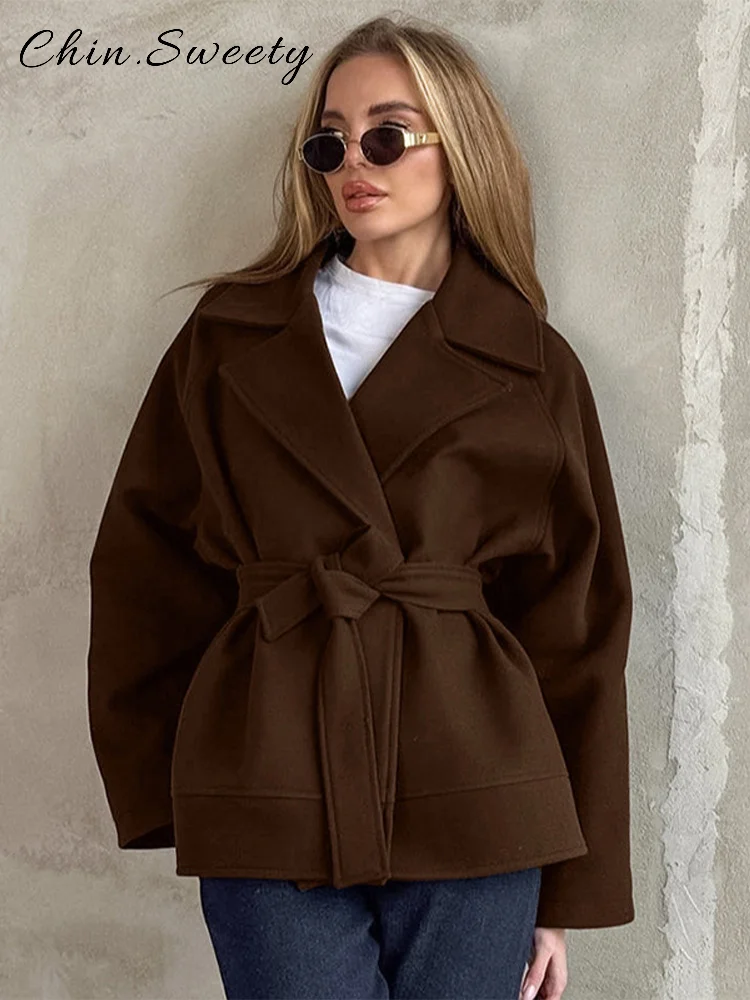 Casual Women's One Button Jacket With Belt Loose Solid Lapel Long Sleeve Coat 2025 Autumn Winter Lady Chic Commute Outwear New