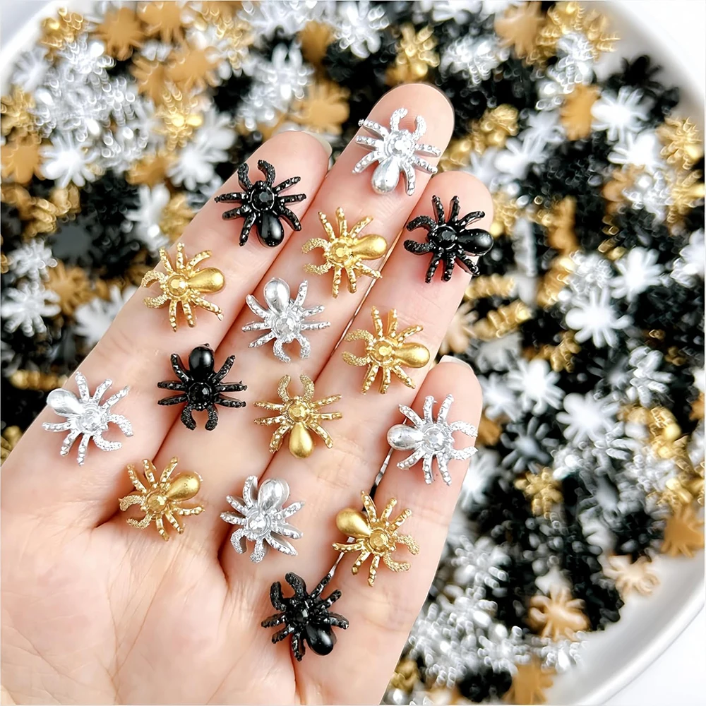 50 Stück 3D Spinnen-Nagelcharms aus Harz in Schwarz, Gold und Silber, Vintage Halloween Strass-Accessoires im Gothic-Stil für DIY-Projekte – Detail 3
