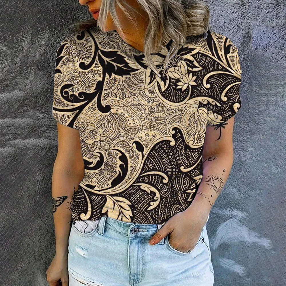 2024 New Summer Vintage Floral Pattern Casual Fashion Youthful Women\'s Short Sleeve Plus Size T-shirts Comfortable Tops  S-5XL