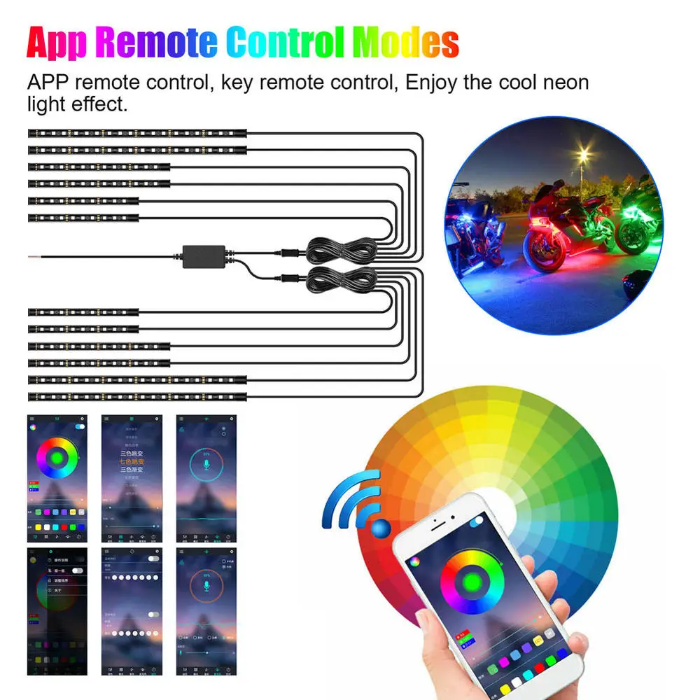 12Pcs Motorcycle RGB LED Waterproof Under Glow Lights Strip Neon Kit APP Control