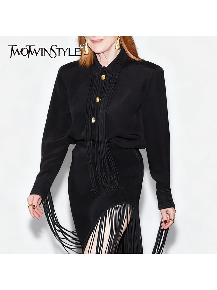 

TWOTWINSTYLE Solid Spliced Tassels Fashion Shirts for Women Lapel Long Sleeves Patchwork Metal Buttons Shirt Female Clothing New