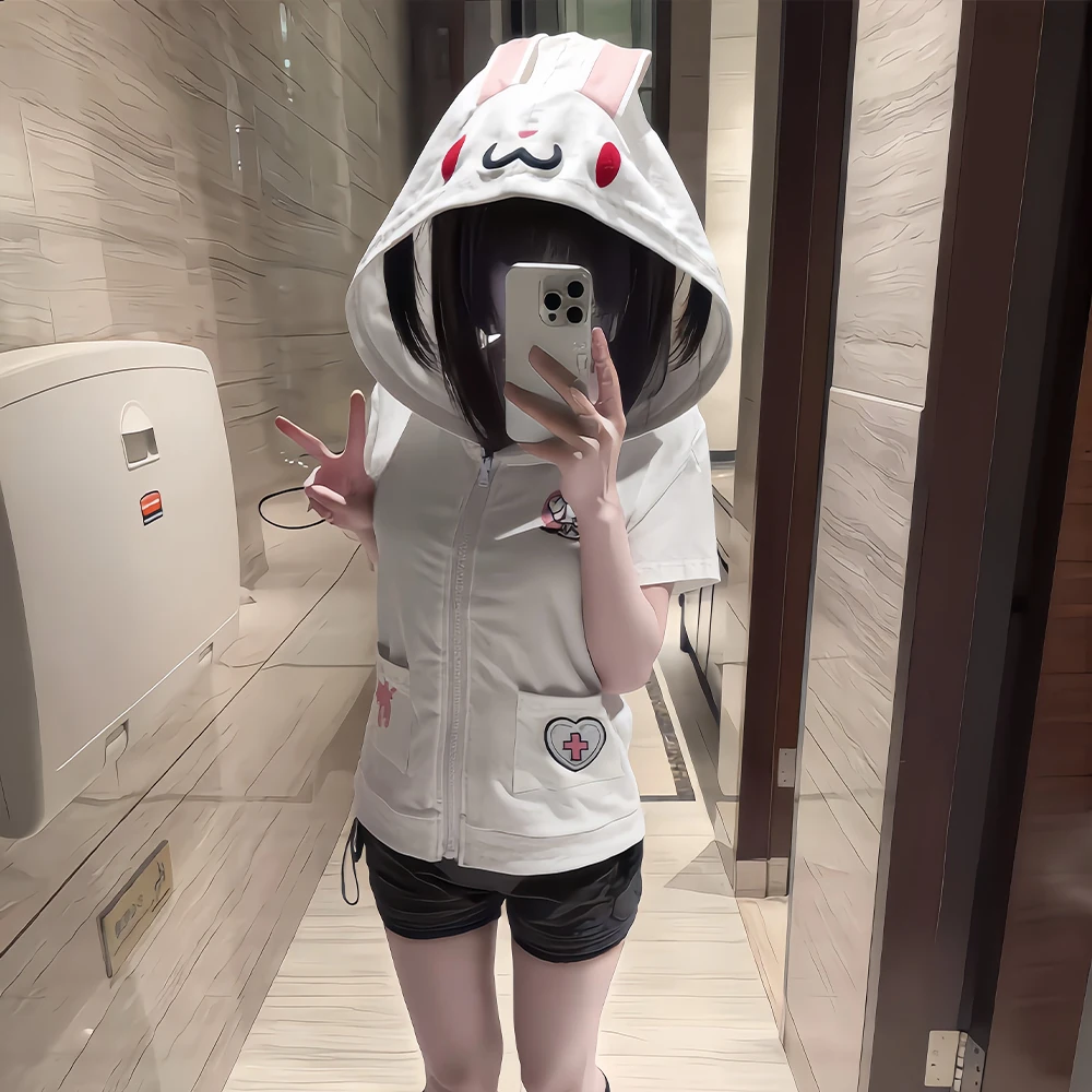 Embroidery Zip Up Hoodie - Kawaii Anime Hoodie Short Sleeve Zip