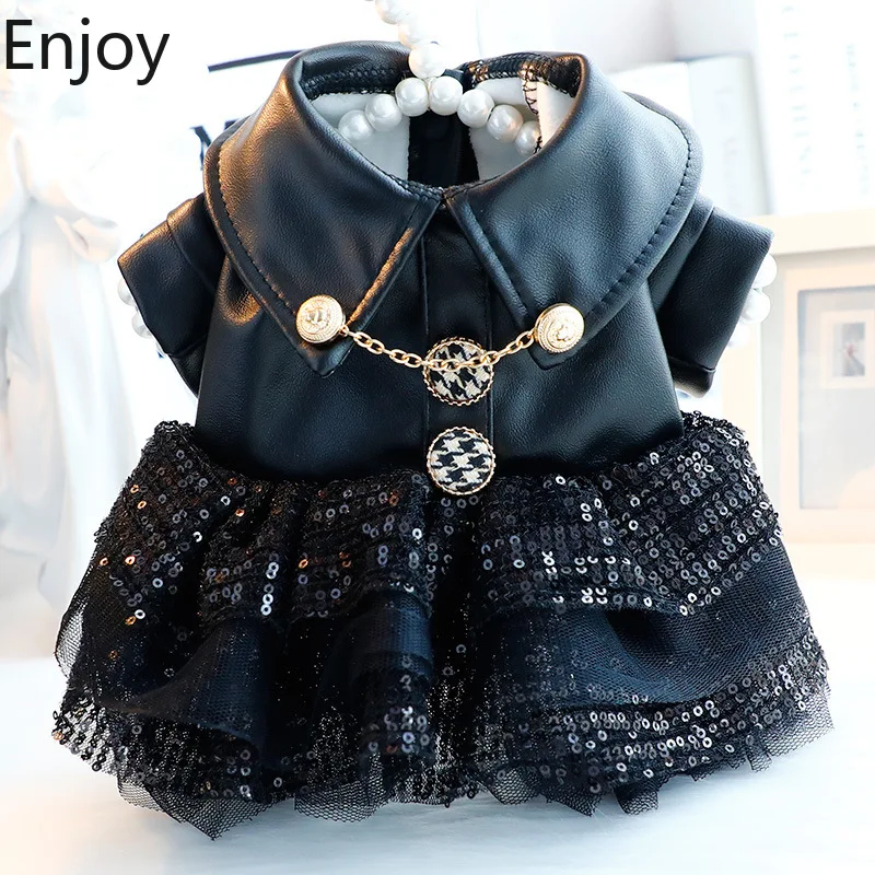 Thick Warm Pet Clothes Black Cat Princess Dress with Shiny Sequins for Small Dogs and Teddy Perfect for Autumn and Winter Dog