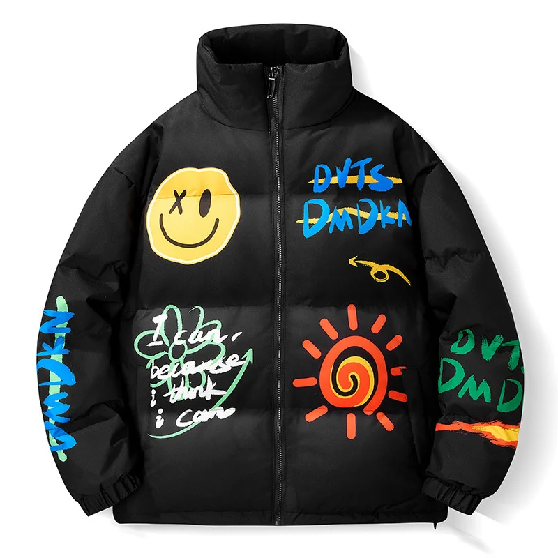 GIOIOMen's Down Jacket，Autumn Winter White Duck Down Filled Inner Liner Stand Collar Graffiti Loose Down Cotton Jacket Coat