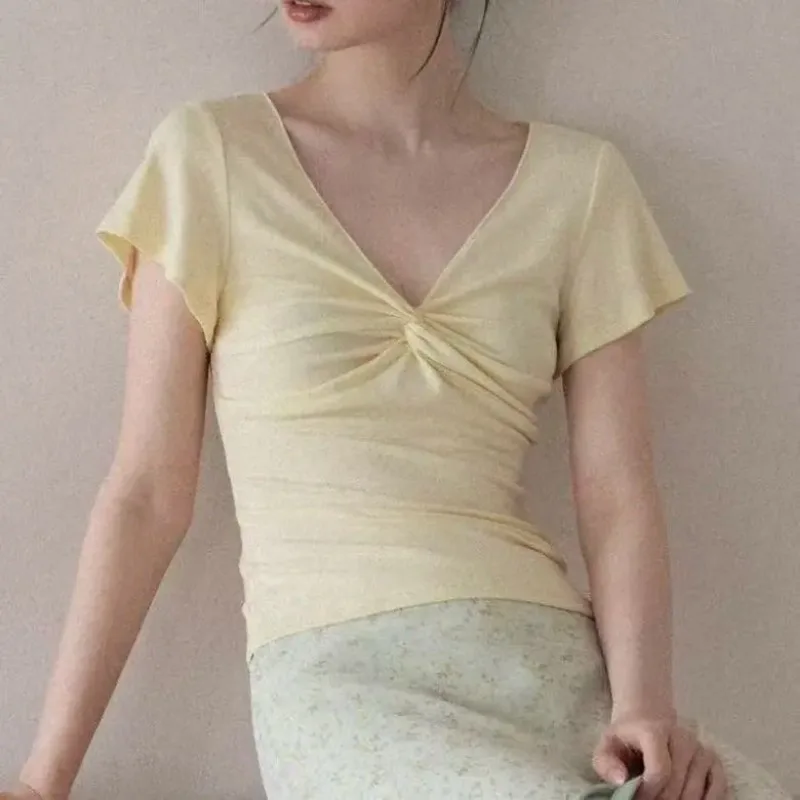 Women's V Neck Twist Front Short Sleeve T Shirt Slim Fit Solid Color Casual Summer Top