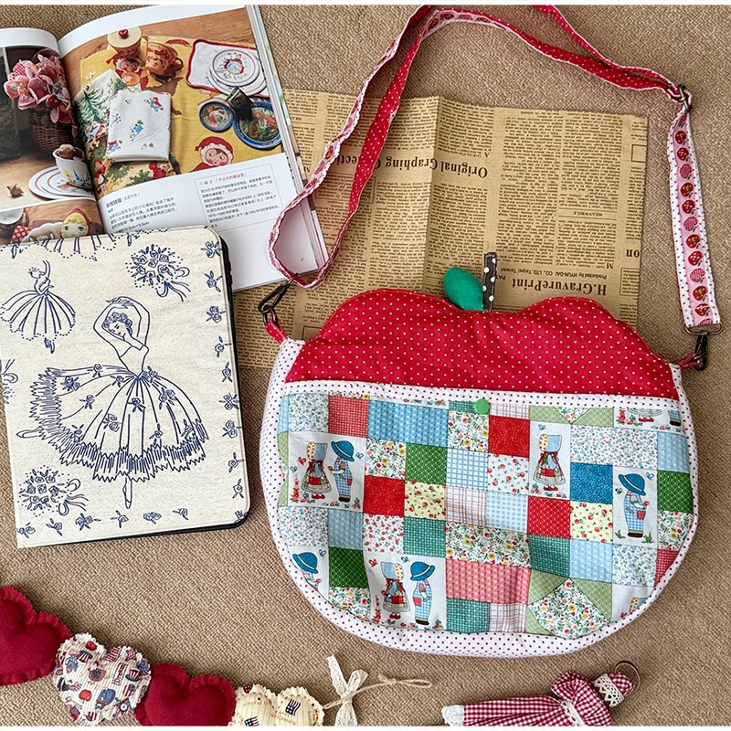 Patchwork-Stoff-Umhängetasche, Apfelförmige Handtasche mit Blumen- und Punktmuster für Damen, Mädchen, Studenten, Cottagecore, süße Handtasche – Detail 16