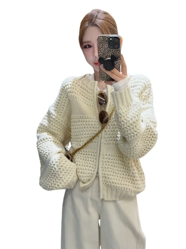 Retro Gruby Sweter Rozpinany z Igliwej Dzianiny z Imitacji Igliwy Sosny, Zapinany na Zamek, Damski, Zimowy, Nowy, Ciepły, Casualowy...