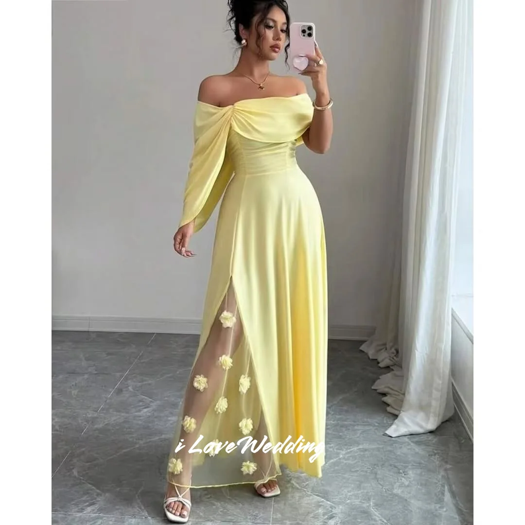 Vestidos de Noche amarillos con hombros descubiertos, satén 2025, manga larga, corte en A, flores 3D, plisado, largo hasta el suelo, vestido de fiesta de boda personalizado