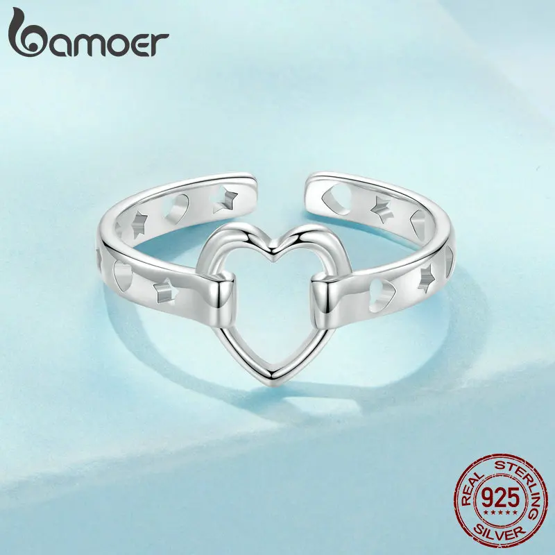 BAMOER 925 Sterling Silver Simple Love Heart Finger Ring for Teen Girls with White Gold Plated SCR1062-E