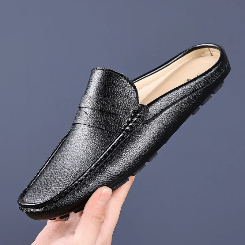 Men's Backless Penny Loafer Mules Slip-On Genuine Leather Flat Casual Driving Slippers Outdoor Half Shoes Daily Texture Footwear