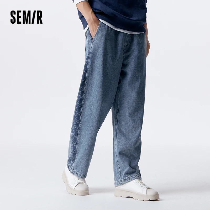 Semir Jeans Men 2024 New Winter Fashionable Patchwork Loose Straight Leg Elastic Waist Retro Denim Trousers